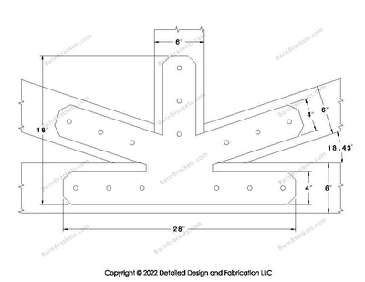 Fan Brackets for 6 inch beams - 4 inch Large centered joint - Chamfered - Centered style holes - BarnBrackets.com