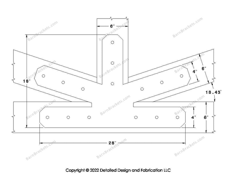 Fan Brackets for 6 inch beams - 4 inch Large centered joint - Chamfered - Centered style holes - BarnBrackets.com