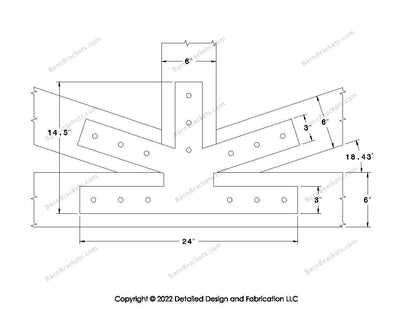 Fan Brackets for 6 inch beams - 3 inch Large centered joint - Square - Centered style holes - BarnBrackets.com