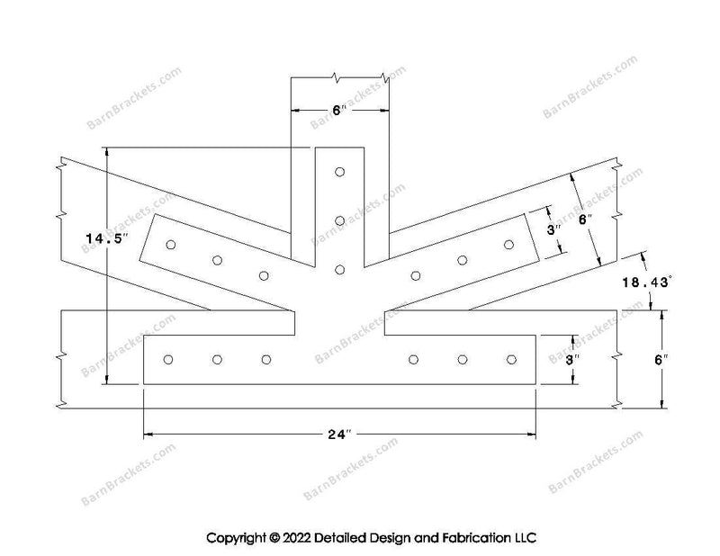 Fan Brackets for 6 inch beams - 3 inch Large centered joint - Square - Centered style holes - BarnBrackets.com