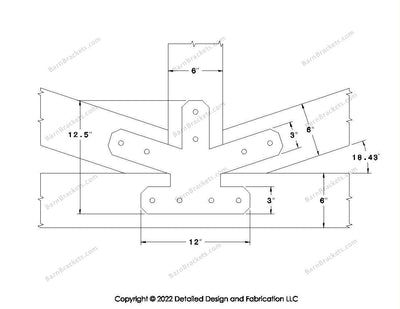 Fan Brackets for 6 inch beams - 3 inch Regular centered joint - Chamfered - Centered style holes - BarnBrackets.com