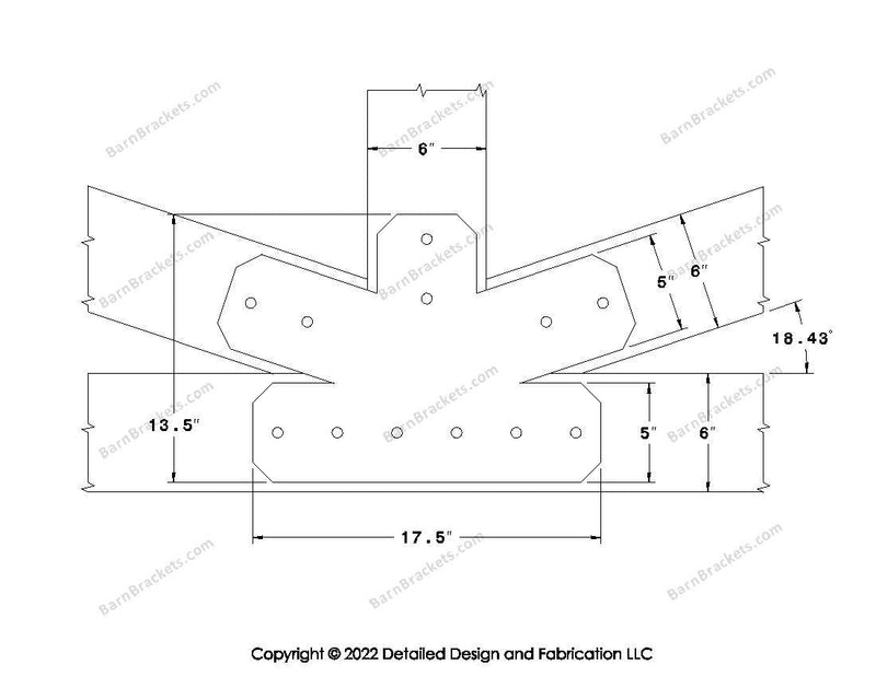 Fan Brackets for 6 inch beams - 5 inch Regular centered joint - Chamfered - Centered style holes - BarnBrackets.com