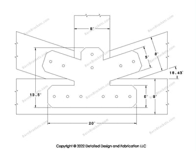 Fan Brackets for 8 inch beams - 5 inch Regular centered joint - Chamfered - Centered style holes - BarnBrackets.com