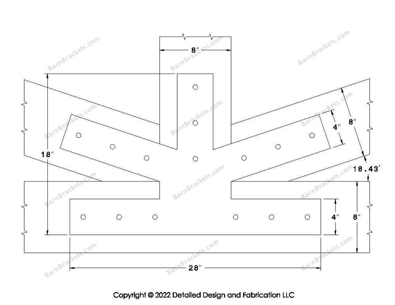 Fan Brackets for 8 inch beams - 4 inch Large centered joint - Square - Centered style holes - BarnBrackets.com