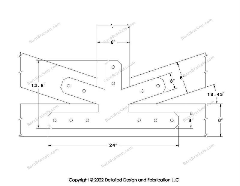 Fan Brackets for 6 inch beams - 3 inch Wide centered joint - Chamfered - Centered style holes - BarnBrackets.com