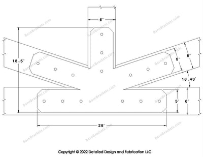 Fan Brackets for 6 inch beams - 5 inch Large centered joint - Chamfered - Centered style holes - BarnBrackets.com