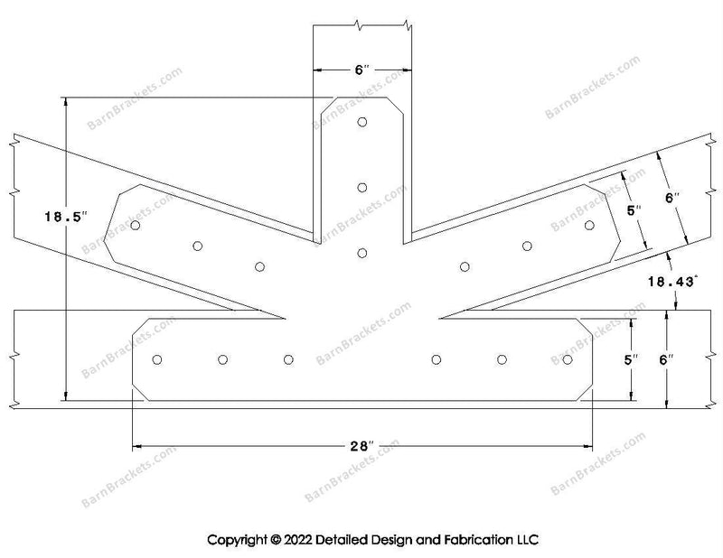 Fan Brackets for 6 inch beams - 5 inch Large centered joint - Chamfered - Centered style holes - BarnBrackets.com