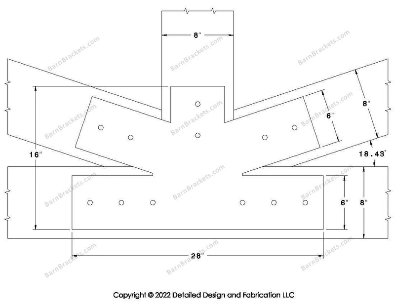 Fan Brackets for 8 inch beams - 6 inch Regular centered joint - Square - Centered style holes - BarnBrackets.com