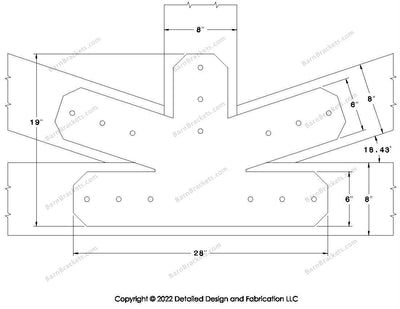 Fan Brackets for 8 inch beams - 6 inch Large centered joint - Chamfered - Centered style holes - BarnBrackets.com