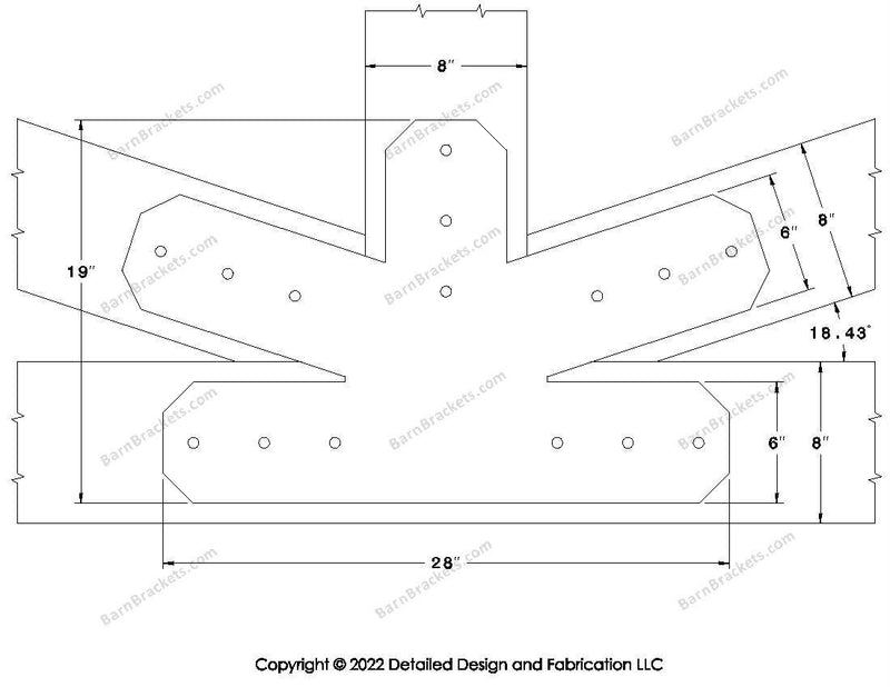 Fan Brackets for 8 inch beams - 6 inch Large centered joint - Chamfered - Centered style holes - BarnBrackets.com