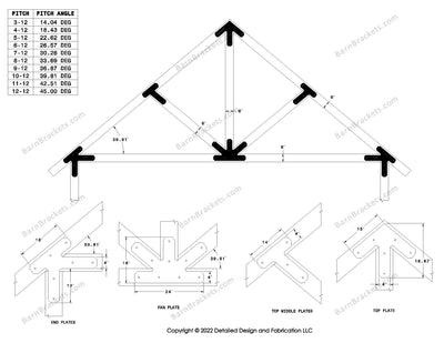 4 inch post and beam bracket set for 6 inch wood beams.  King post truss with diagonal chords and a bottom leg.  With overhang ends and chamfered corners.  For a 10-12 pitch roof.