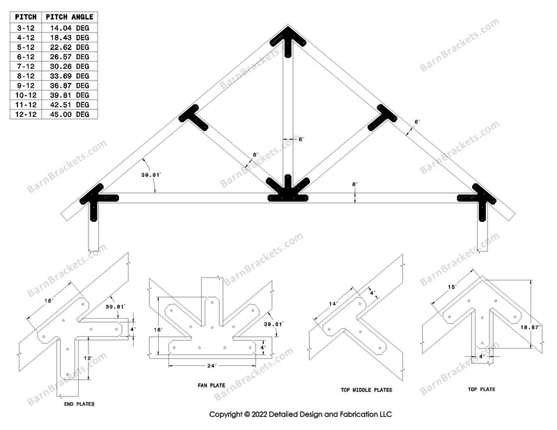 4 inch post and beam bracket set for 6 inch wood beams.  King post truss with diagonal chords and a bottom leg.  With overhang ends and chamfered corners.  For a 10-12 pitch roof.