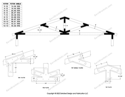 4 inch post and beam bracket set for 6 inch wood beams.  King post truss with diagonal chords and a bottom leg.  With overhang ends and chamfered corners.  For a 4-12 pitch roof.