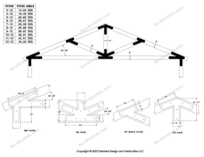 4 inch post and beam bracket set for 6 inch wood beams.  King post truss with diagonal chords and a bottom leg.  With overhang ends and chamfered corners.  For a 5-12 pitch roof.