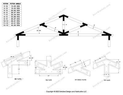 4 inch post and beam bracket set for 6 inch wood beams.  King post truss with diagonal chords and a bottom leg.  With overhang ends and square corners.  For a 5-12 pitch roof.