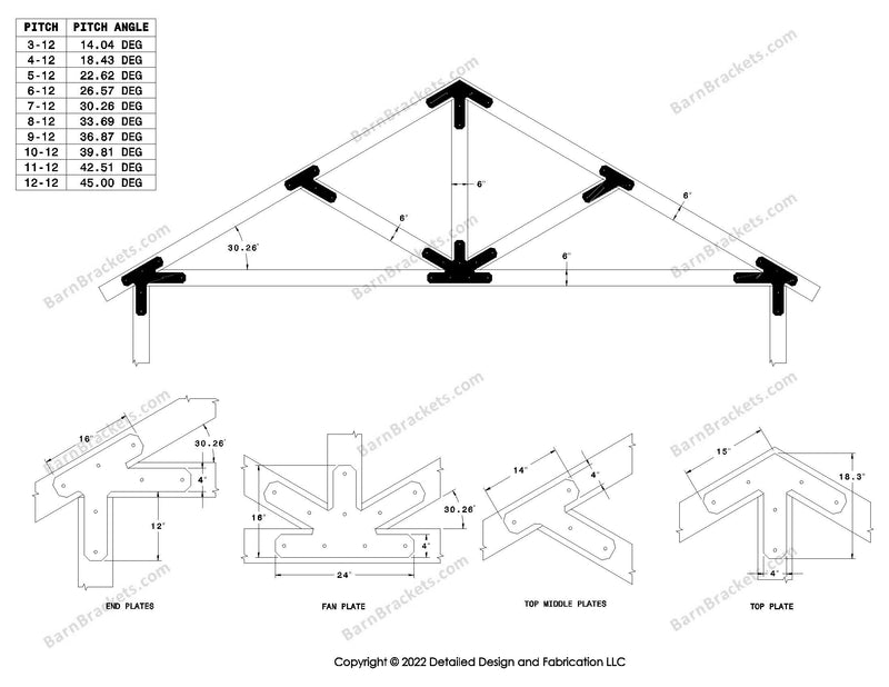 4 inch post and beam bracket set for 6 inch wood beams.  King post truss with diagonal chords and a bottom leg.  With overhang ends and chamfered corners.  For a 7-12 pitch roof.