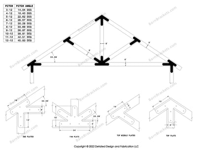 4 inch post and beam bracket set for 6 inch wood beams.  King post truss with diagonal chords and a bottom leg.  With overhang ends and chamfered corners.  For a 8-12 pitch roof.