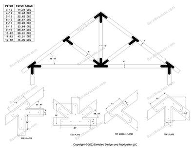 4 inch post and beam bracket set for 6 inch wood beams.  King post truss with diagonal chords and a bottom leg.  With overhang ends and chamfered corners.  For a 9-12 pitch roof.