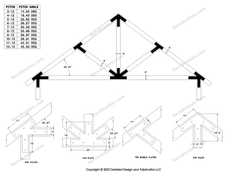 4 inch post and beam bracket set for 6 inch wood beams.  King post truss with diagonal chords and a bottom leg.  With overhang ends and square corners.  For a 9-12 pitch roof.