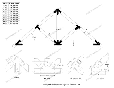 4 inch timber truss plate set for 6 inch wood beams..  King post truss with diagonal chords.  With overhang ends and chamfered corners.  For a 10-12 pitch roof.