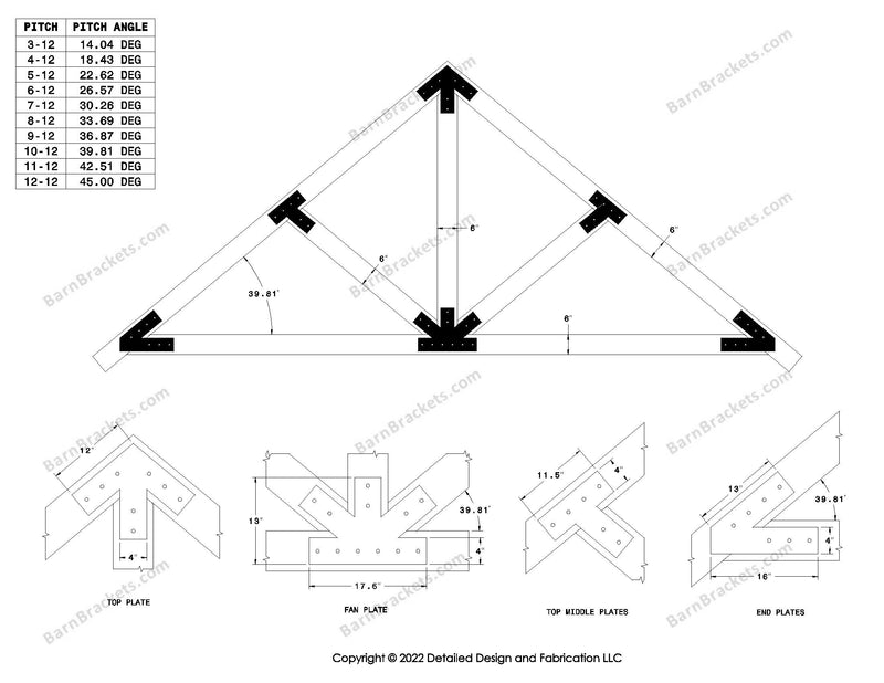 4 inch timber truss plate set for 6 inch wood beams.  King post truss with diagonal chords.  With overhang ends and square corners.  For a 10-12 pitch roof.