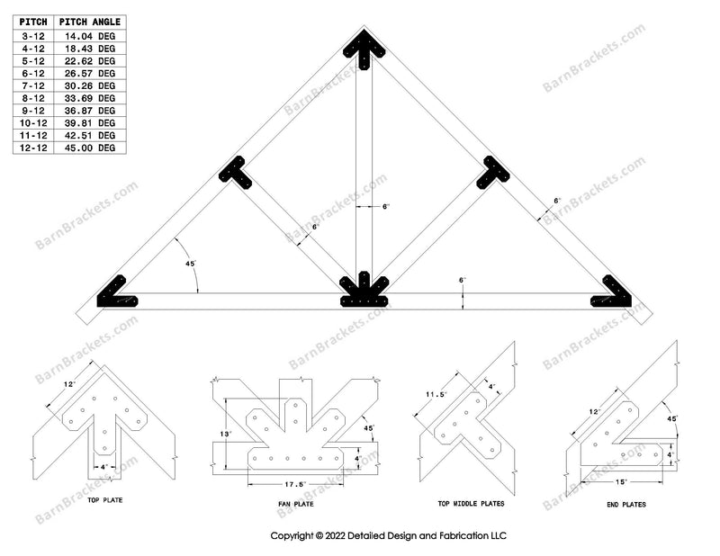 4 inch timber truss plate set for 6 inch wood beams..  King post truss with diagonal chords.  With overhang ends and chamfered corners.  For a 12-12 pitch roof.