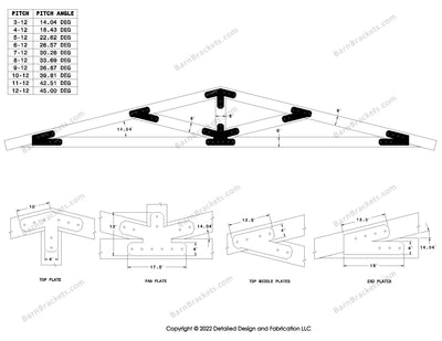 4 inch timber truss plate set for 6 inch wood beams..  King post truss with diagonal chords.  With overhang ends and chamfered corners.  For a 3-12 pitch roof.