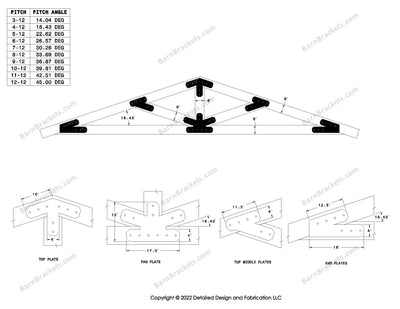 4 inch timber truss plate set for 6 inch wood beams..  King post truss with diagonal chords.  With overhang ends and chamfered corners.  For a 4-12 pitch roof.