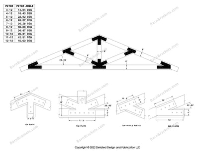 4 inch timber truss plate set for 6 inch wood beams.  King post truss with diagonal chords.  With overhang ends and square corners.  For a 5-12 pitch roof.