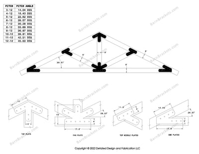 4 inch timber truss plate set for 6 inch wood beams..  King post truss with diagonal chords.  With overhang ends and chamfered corners.  For a 6-12 pitch roof.