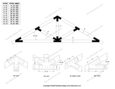 4 inch timber truss plate set for 6 inch wood beams.  King post truss with diagonal chords.  With overhang ends and square corners.  For a 7-12 pitch roof.