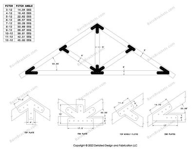 4 inch timber truss plate set for 6 inch wood beams..  King post truss with diagonal chords.  With overhang ends and chamfered corners.  For a 8-12 pitch roof.