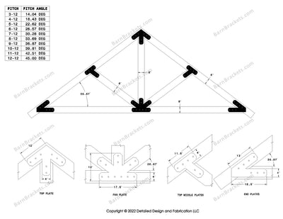 4 inch timber truss plate set for 6 inch wood beams..  King post truss with diagonal chords.  With overhang ends and chamfered corners.  For a 9-12 pitch roof.