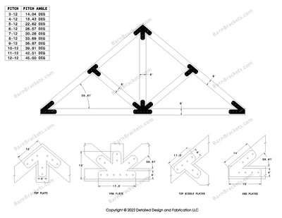 4 inch timber truss plate set for 6 inch wood beams 10-12 pitch.  King post truss with diagonal chords.  With overhang ends and chamfered corners.