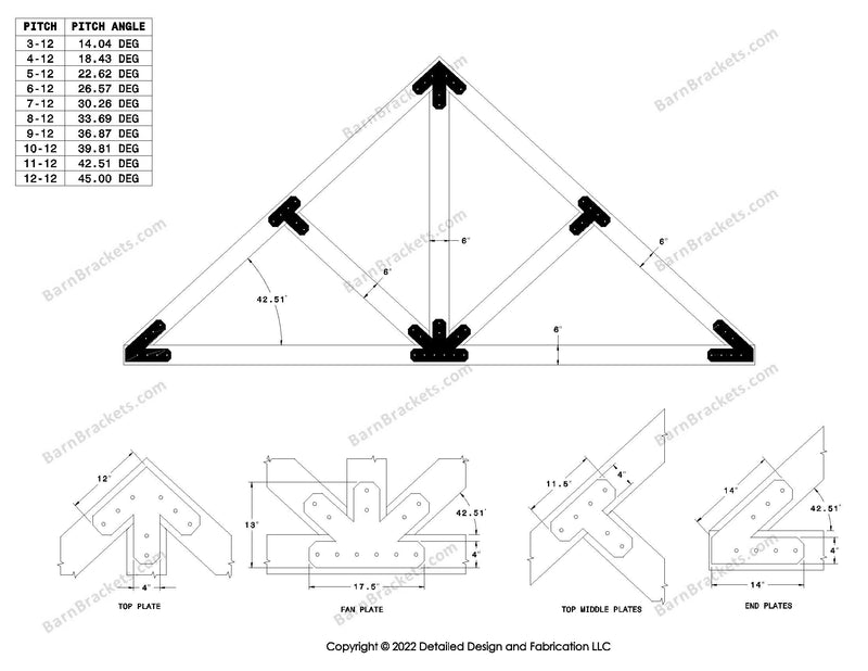 4 inch timber truss plate set for 6 inch wood beams 11-12 pitch.  King post truss with diagonal chords.  With overhang ends and chamfered corners.