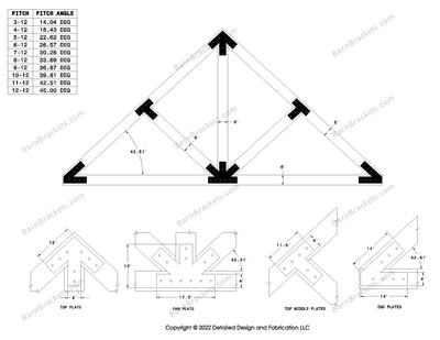 4 inch timber truss plate set for 6 inch timber beams.  King post truss with diagonal chords.  With overhang ends and square corners.  11-12 pitch roof.