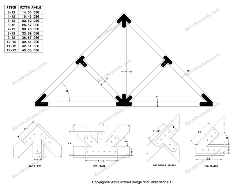 4 inch timber truss plate set for 6 inch wood beams 12-12 pitch.  King post with diagonal chords truss.  With overhang ends and chamfered corners.