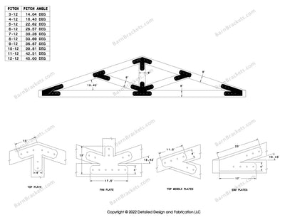 4 inch timber truss plate set for 6 inch wood beams 4-12 pitch.  King post truss with diagonal chords.  With overhang ends and chamfered corners.