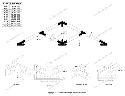 4 inch timber truss plate set for 6 inch wood beams 6-12 pitch.  King post truss with diagonal chords.  With overhang ends and chamfered corners.