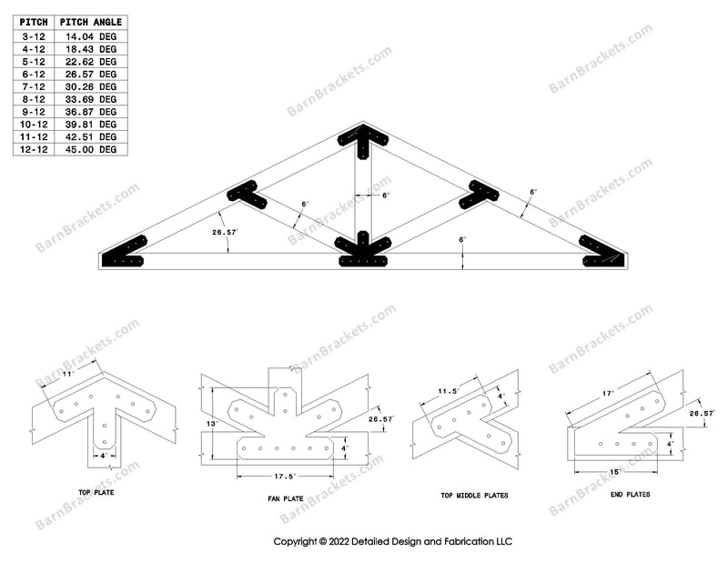 4 inch timber truss plate set for 6 inch wood beams 6-12 pitch.  King post truss with diagonal chords.  With overhang ends and chamfered corners.