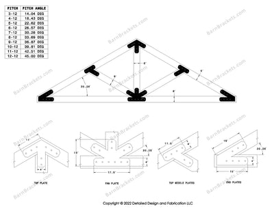 4 inch timber truss plate set for 6 inch wood beams 7-12 pitch.  King post truss with diagonal chords.  With overhang ends and chamfered corners.