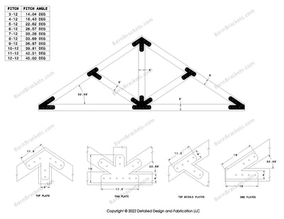 4 inch timber truss plate set for 6 inch wood beams 8-12 pitch.  King post truss with diagonal chords.  With overhang ends and chamfered corners.