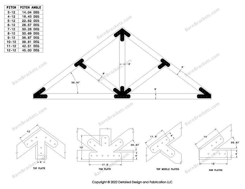 4 inch timber truss plate set for 6 inch wood beams 9-12 pitch.  King post truss with diagonal chords.  With overhang ends and chamfered corners.