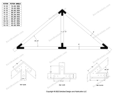 4 inch timber truss plate set for 6 inch wood beams 10-12 pitch.  King post only truss with overhang ends and chamfered corners.