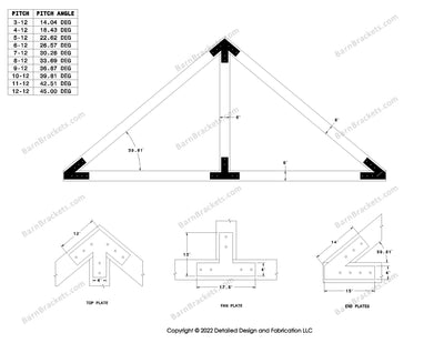 4 inch timber truss plate set for 6 inch wood beams 10-12 pitch.  King post only truss with flush ends and square corners.