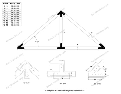 4 inch timber truss plate set for 6 inch wood beams 10-12 pitch.  King post only truss with flush ends and chamfered corners.