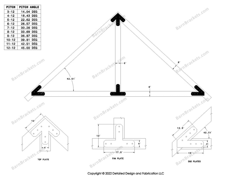 4 inch timber truss plate set for 6 inch wood beams 11-12 pitch.  King post only truss with overhang ends and chamfered corners.