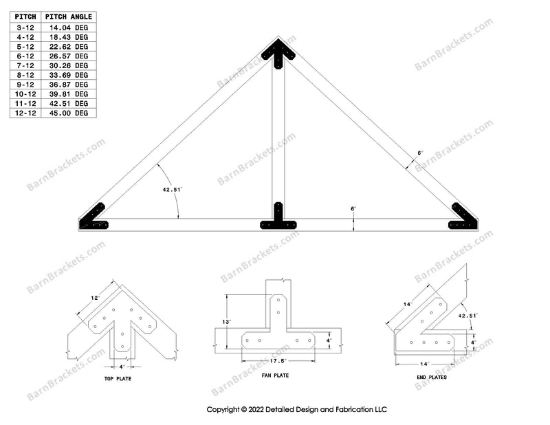 4 inch timber truss plate set for 6 inch wood beams 11-12 pitch.  King post only truss with flush ends and chamfered corners.