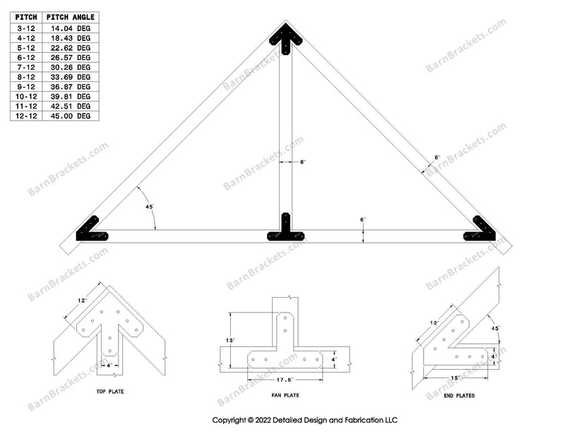 4 inch timber truss plate set for 6 inch wood beams 12-12 pitch.  King post only truss with overhang ends and chamfered corners.