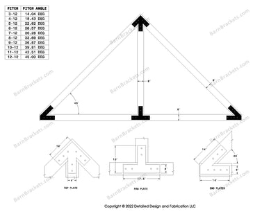 4 inch timber truss plate set for 6 inch wood beams 12-12 pitch.  King post only truss with flush ends and square corners.